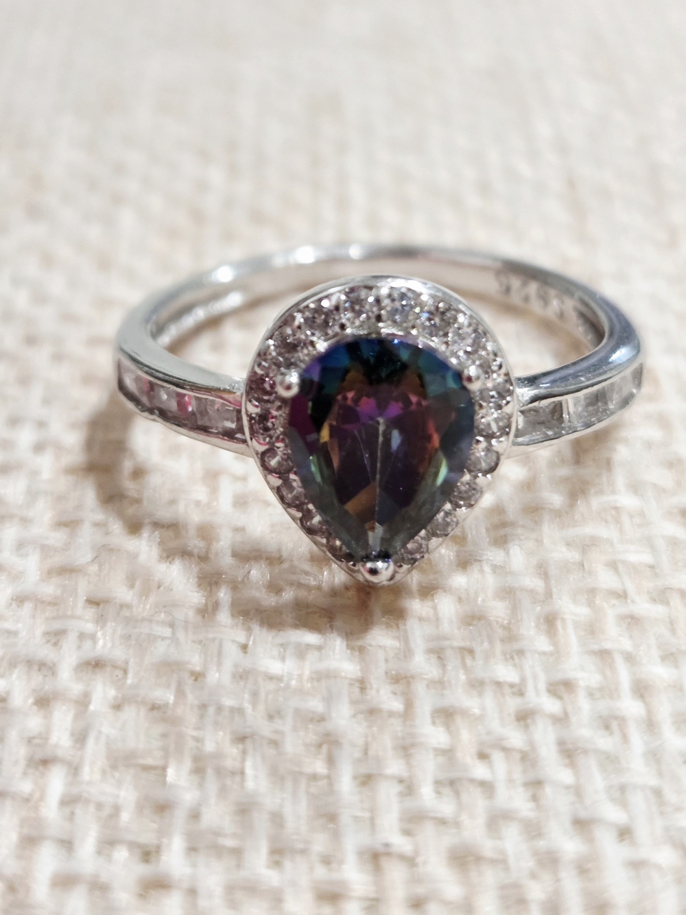 Mystic Topaz Teardrop Halo Ring in Sterling Silver~Size 7